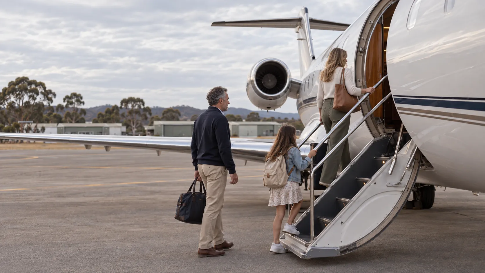 A family boarding a private jet by the airstairs