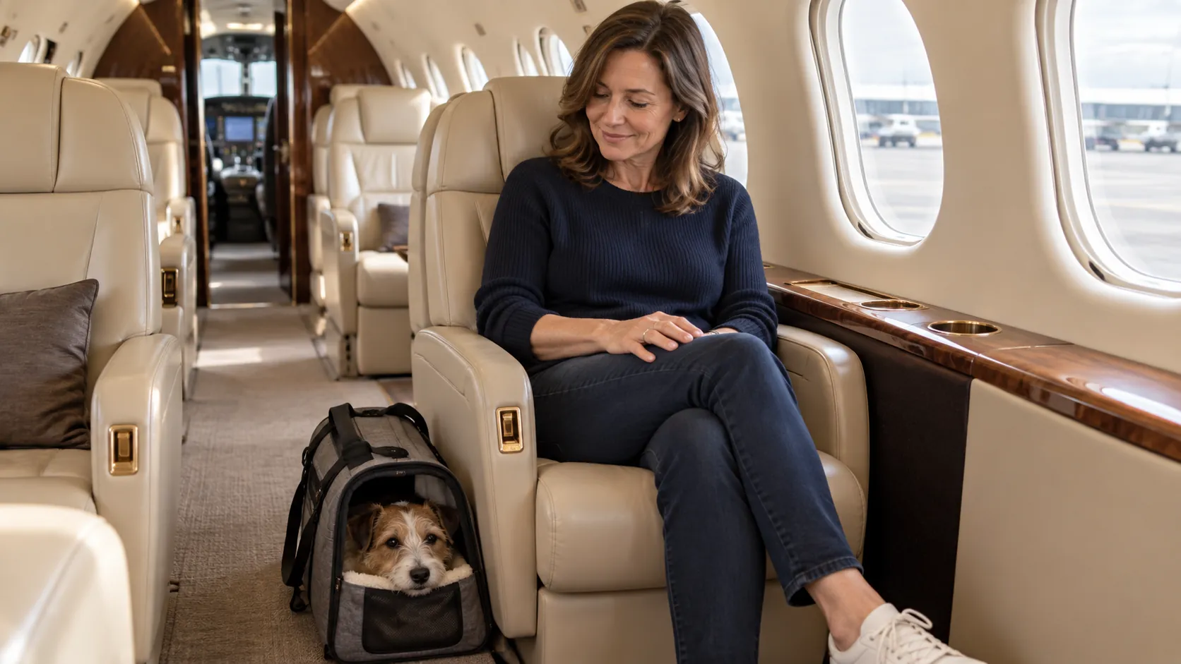 A passenger in a private jet cabin with a dog in a carrier