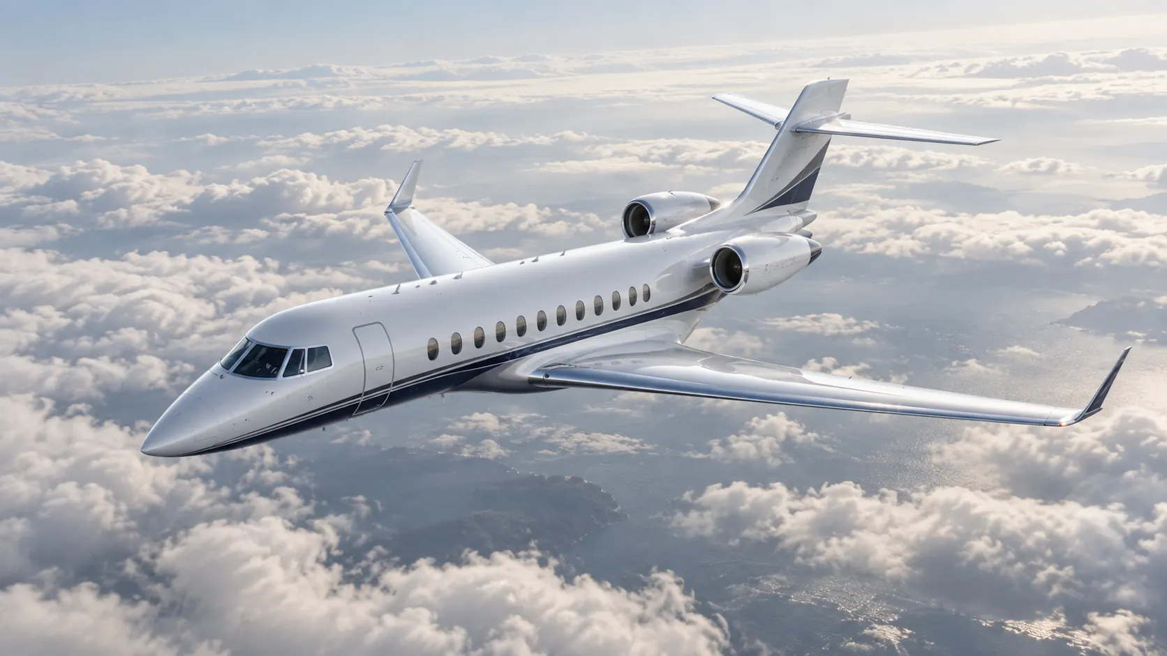 A business jet in flight above the clouds